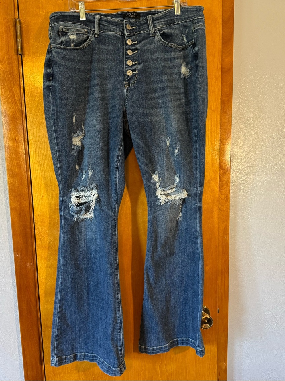 Judy Blue Distressed Dark Blue Button-Fly Flare Jeans